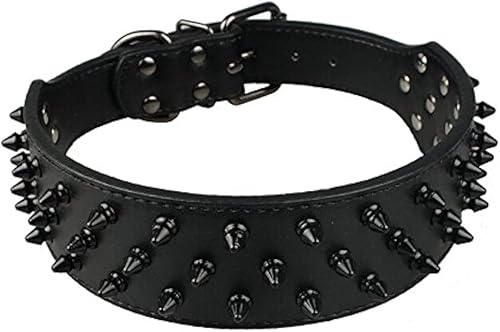 Dogs Kingdom Collar de cuero negro de perro collar tachonado y con puas 2 pulgadas de ancho 31 puas 52 tachas para Pit Bull y Boxer L Negro