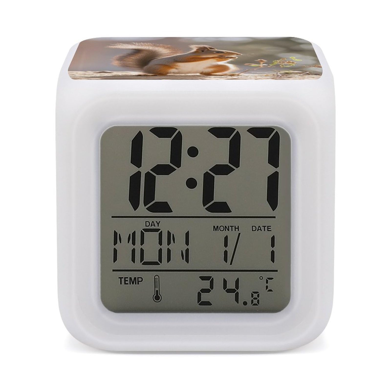 FekiLoot Squirrel Funny Animal Alarm Clock for Heavy Sleepers Small Digital Alarm Clock with Date Temperature Wake Up Digital Clocks with 7 Colors Changing Desk Clocks for Bedroom Bedside Nightstand