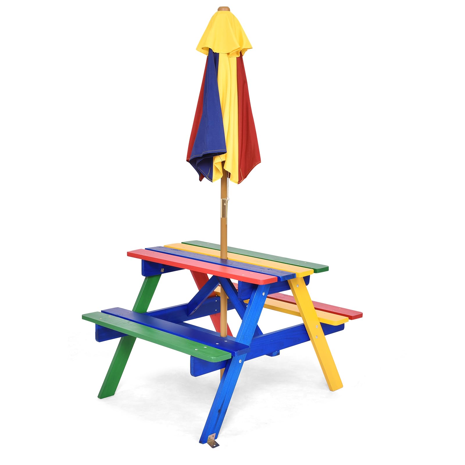 SOARS Table de Pique-Nique pour Enfants avec Parasol Réglable, Table et Bancs en Bois de Sapin pour Enfants avec Parasol, Salon de Jardin et Parc, 140 cm (Multicolore)