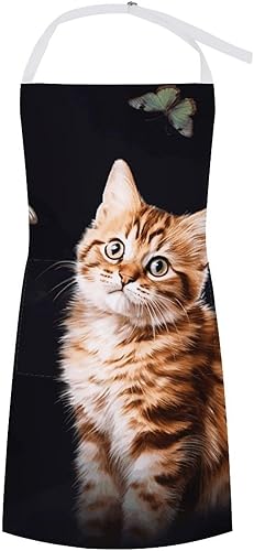 Personalized Cat Butterfly Adult Apron, Kitchen Cooking Aprons for Woman Man, Adjustable Bib Apron with Pocket for Baking, BBQ Crafting Outdoors,