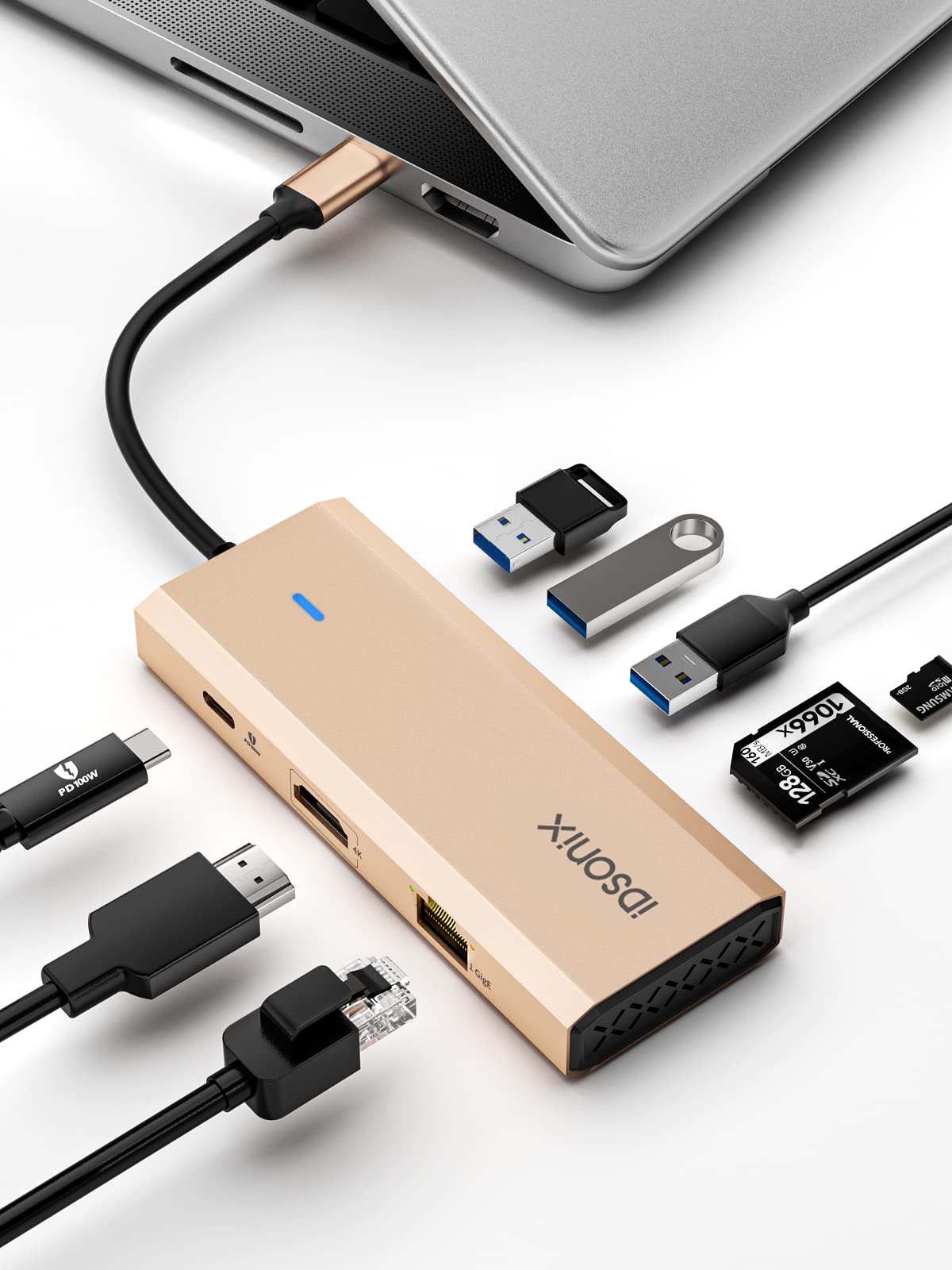 iDsonix Hub USB C 8 en 1, Adaptateur Multiport USB C en Aluminium Station d'accueil USB C avec HDMI 4K @ 60Hz, PD 100W, Ethernet 1000M, Lecteur de Carte SD/TF pour MacBook iPad Dell/HP Laptop Rose