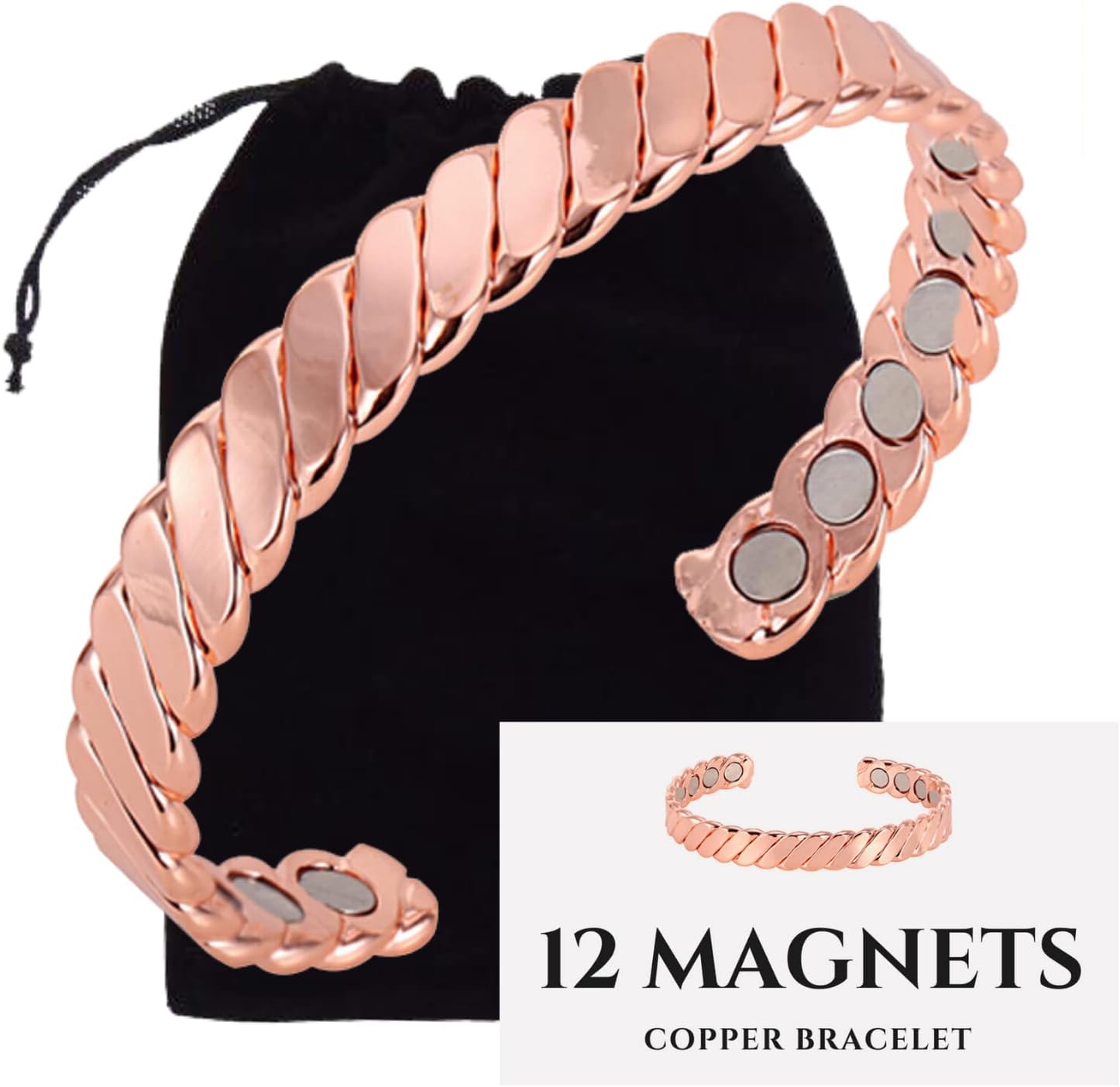 Authentic Copper Magnetic Bracelet Twisted by VEDA - Guaranteed 99.9% Pure Copper Magnetic Bracelet - 12 Powerful Magnets - Adjustable for Both Men and Women