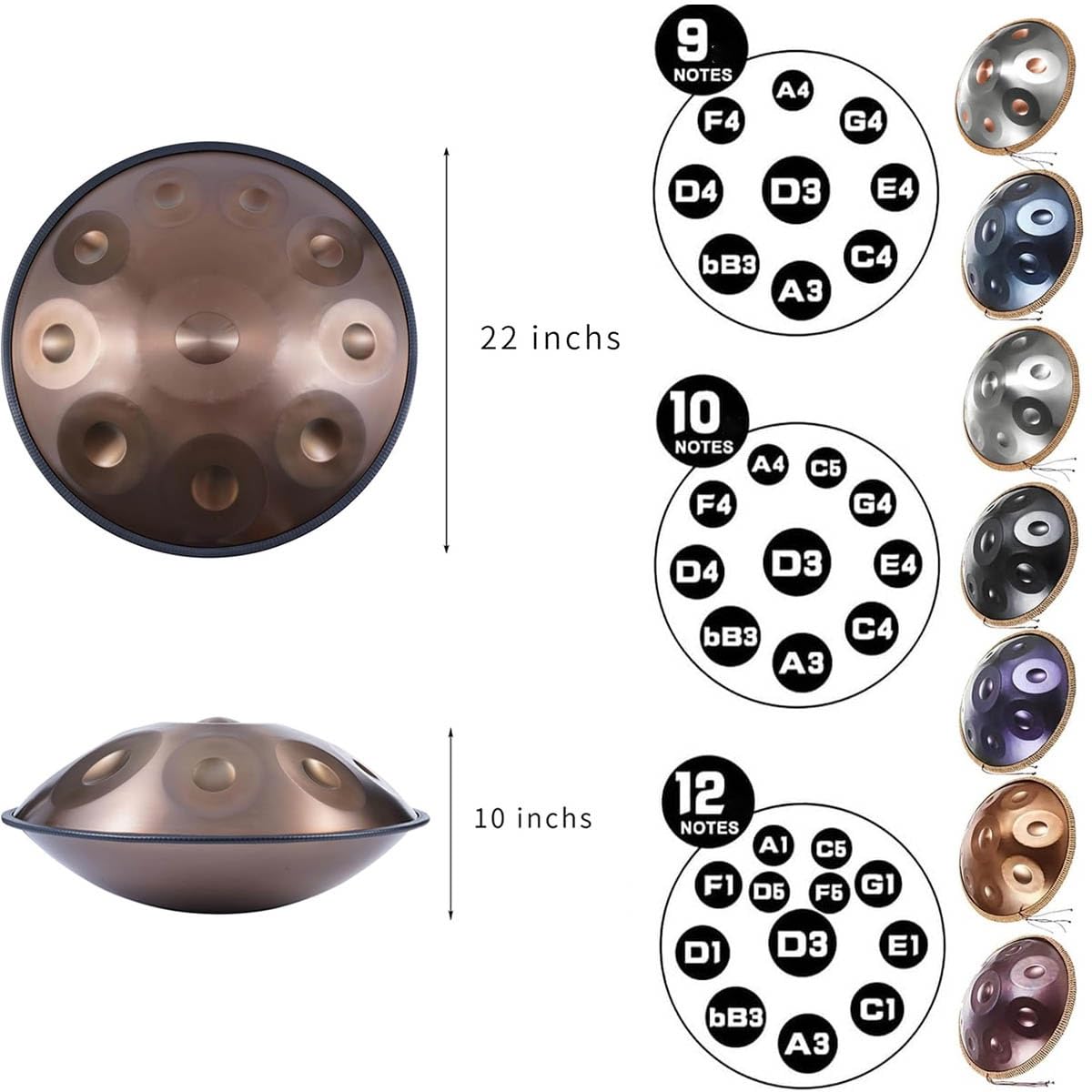 Handpan Drum-22 Zoll Handtrommel in D-Moll 432Hz/440Hz Handtrommel für Anfänger Meditation Yoga, 9/10/12 Noten Stahl Zungentrommel mit Tasche Schlägeln Ständer(Gold-Silver,432HZ/9Note)
