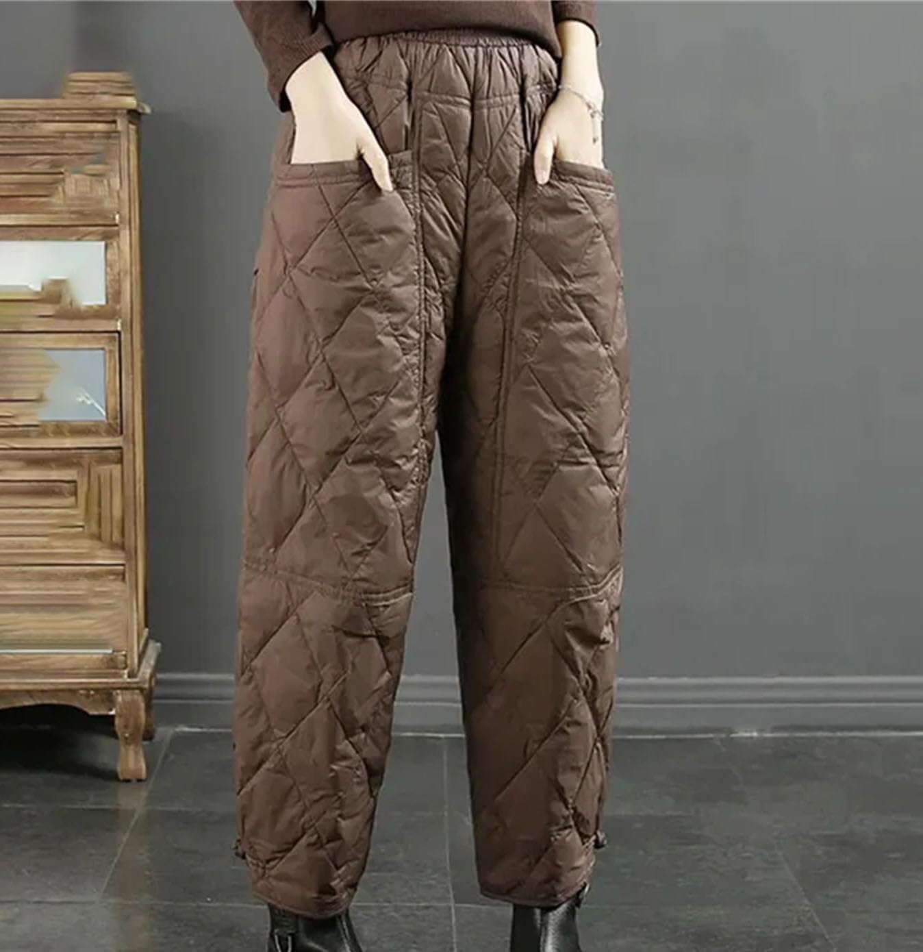 Womens Down Pants Winter Warm Elastic High Waist Quilted Puffy Snow Ski Pants Trousers