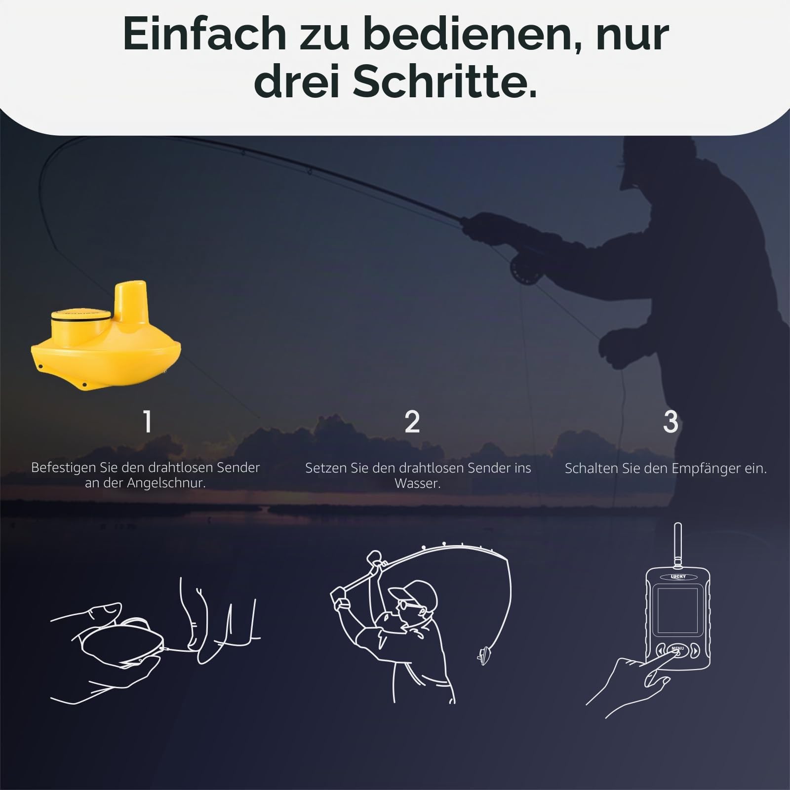 LUCKY Drahtloser Wassertiefe-Fischfinder Kajak Tragbarer Fischfinder Sonarsensor LCD-Anzeige Boot-Fischfinder für Ufer Kajaks Angeln FFW718