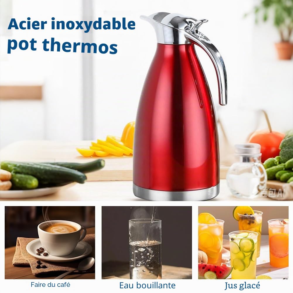 Carafe Isotherme 2L en Acier Inoxydable Double Paroi, Théière et Cafetière de Bureau pour Boissons Chaudes et Froides, Poignée Ergonomique, Multi-Usage Maison ou Bureau, Rouge