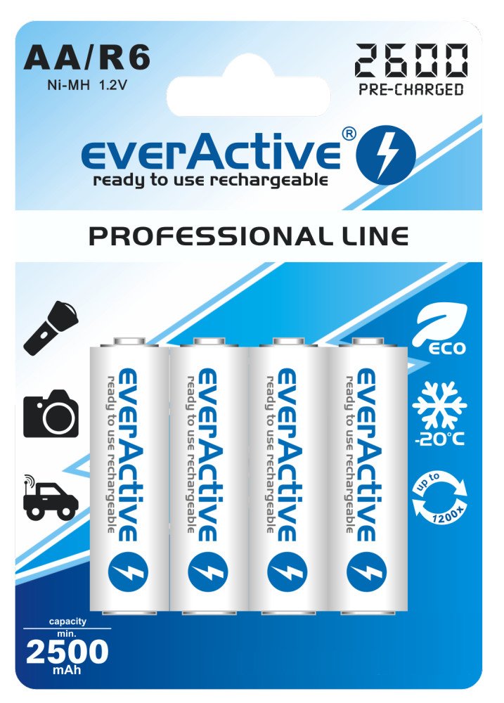 4 EverActive Prof Line Min 2500 mAh NiMH Rechargeable AA Mignon Batteries LR6 HR06