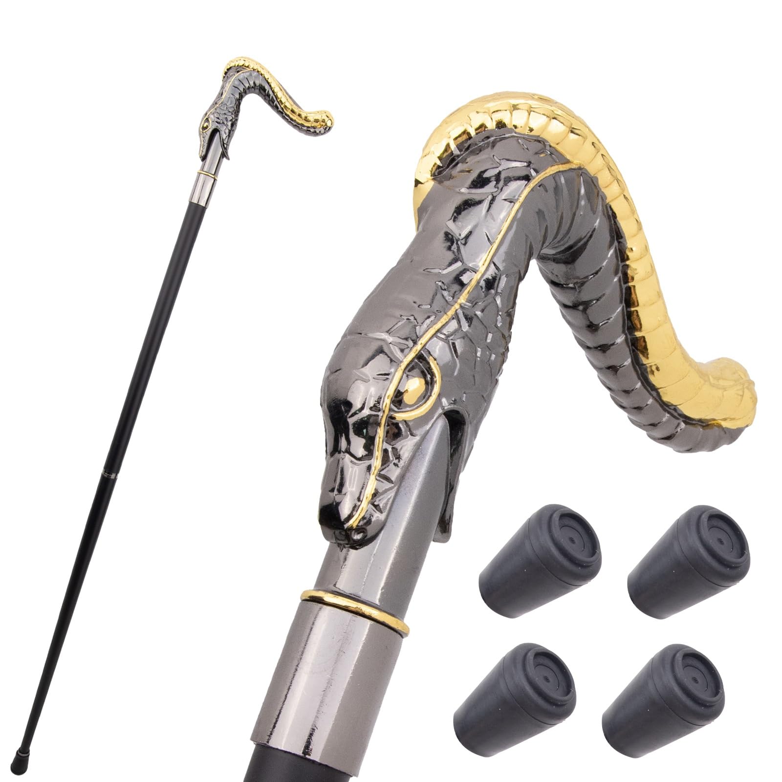 Bastón con Cabeza de Serpiente de Boca Abierta, con 4 Puntas Antideslizantes Extraíbles, Bastón de Lujo para Hombre y Mujer, para Fiestas de Disfraces y Eventos Vintage 93 Cm(Gold)