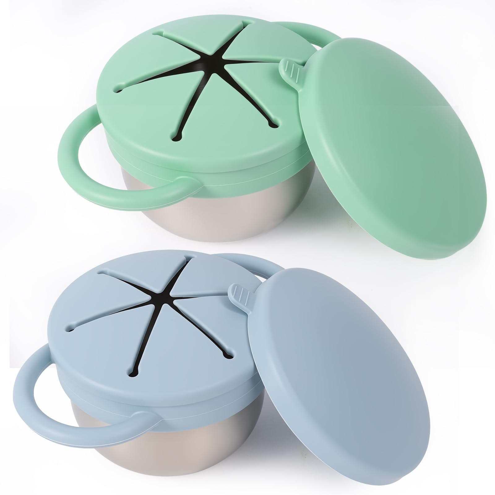 Solinfant stainless steel spill-proof snack cup with silicone food catcher and travel lid