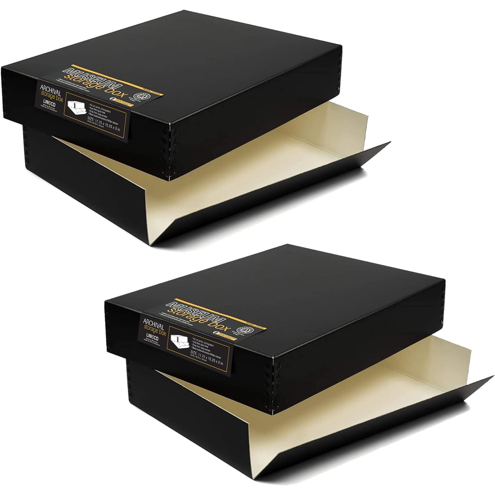 Lineco, 11x14 Museum Storage Box Black, Archival Quality Acid-Free Buffered Drop Front Design with Metal Edges Removable Lid, 11 3/4x15.25x3 In (2