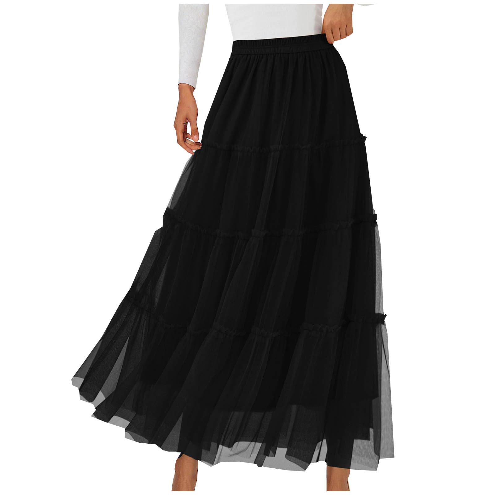 Womens Tulle Maxi Skirt A-Line Flowy Ruffle Tiered Elastic High Waist 2026 Spring Summer Trendy Midi Long Skirts