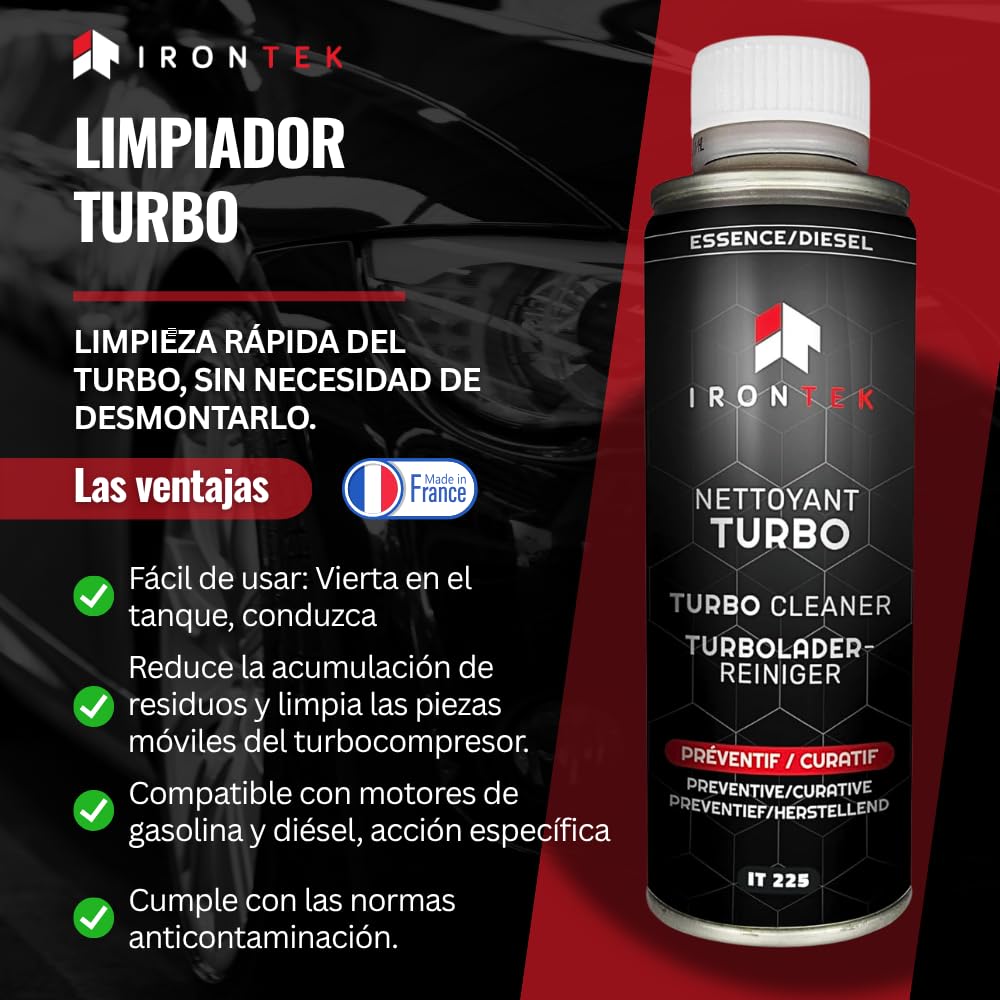 Limpiador Turbo Gasolina y Diesel 300ml - Irontek IT225 | Decalaminiza Turbocompresor sin Desmontaje | Previene Gripaje | Limpia Geometría Variable | Preventivo y Curativo | Compatible Post-Combustión
