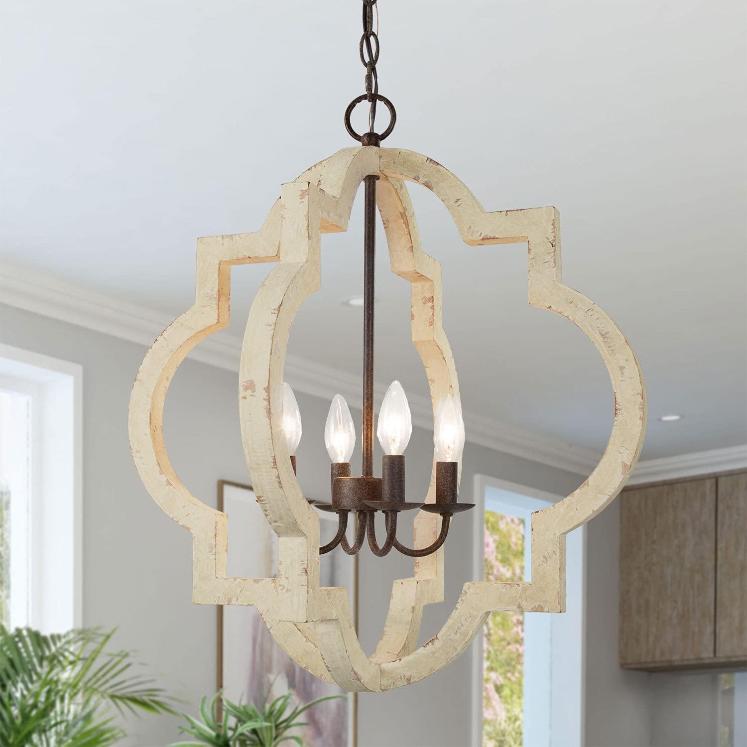 Farmhouse Chandelier, Large Orb Wood Light Fixture with Distressed White Finish for Dining Room, Bedrooms, Living Rooms and Foyer