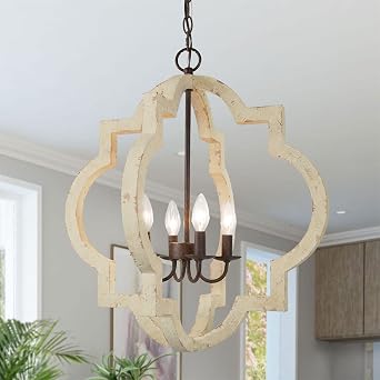 Farmhouse Chandelier, Large Orb Wood Light Fixture with Distressed White Finish for Dining Room, Bedrooms, Living Rooms and Foyer