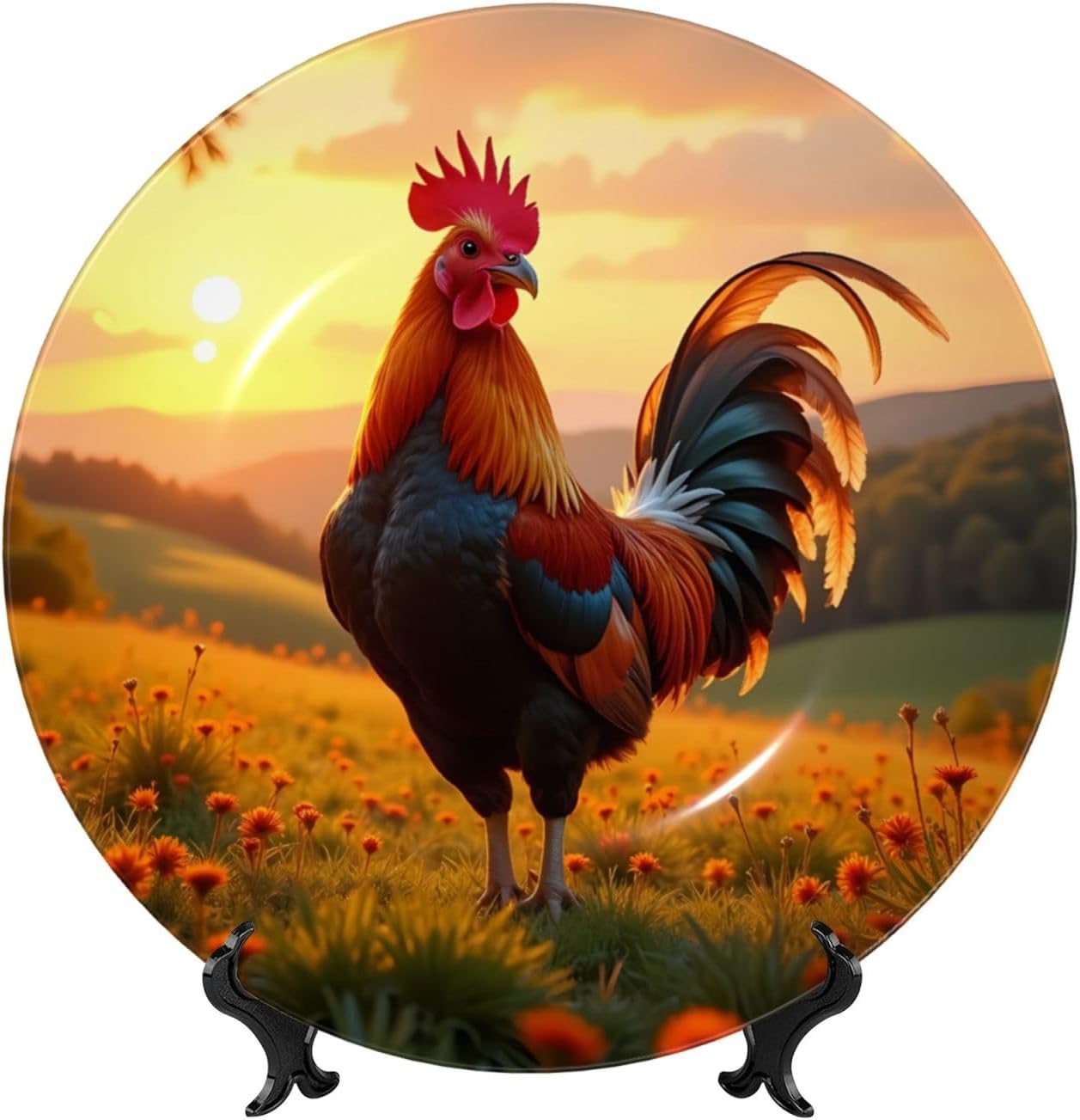 Flower Rooster Style Ceramic Plate Display Decorative Plate With Stand Wall Hanging Plate For Home Decor 10 Inch