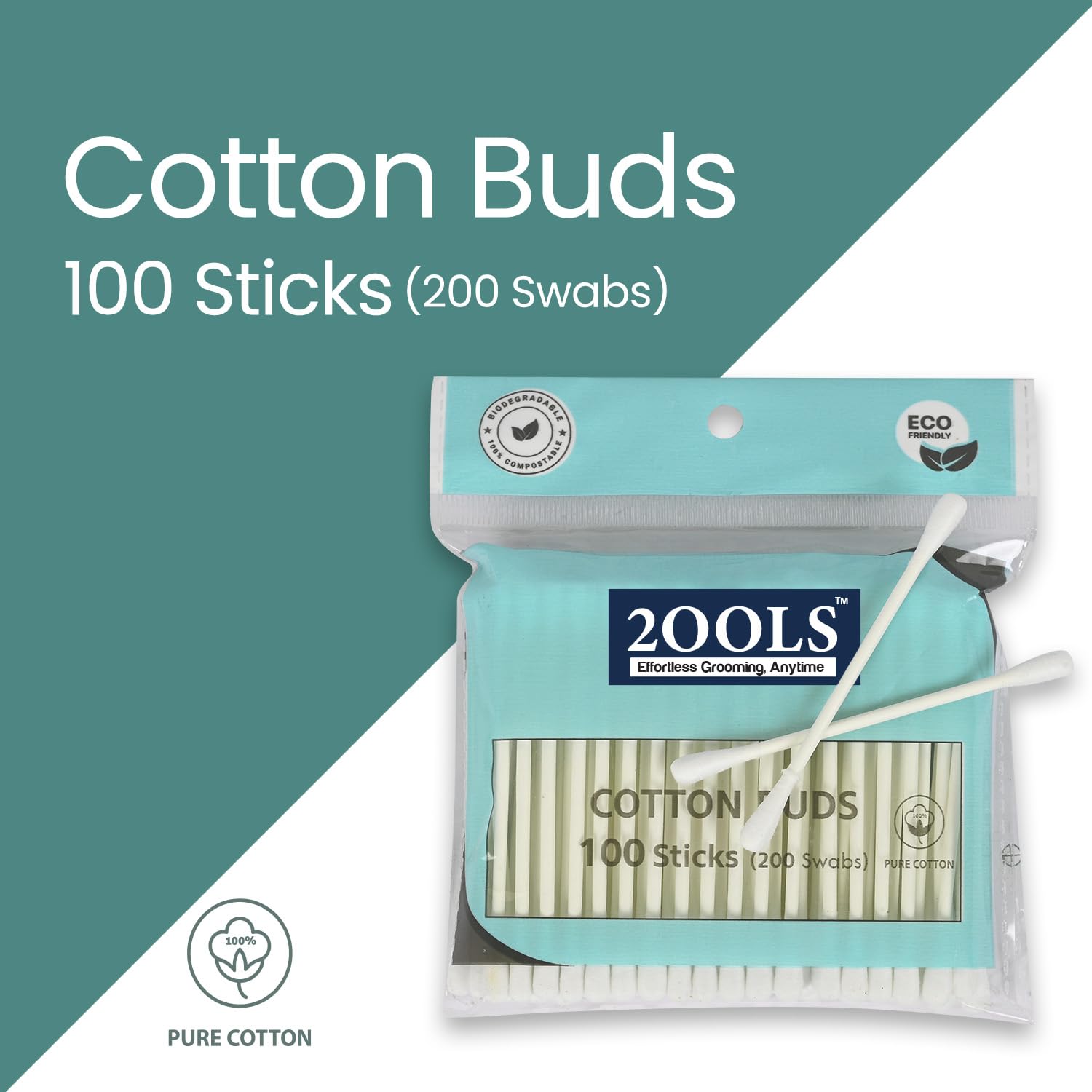 2OOLS Earbuds Cotton Swabs - Set of 1 (100 PCS) | Soft & Safe Double-Tipped Ear Cleaning Sticks | Resealable Travel-Friendly Pouch | Personal Hygiene, Baby Care & Makeup Use (TSCS8002) (100 Sticks (200 Swabs) 1