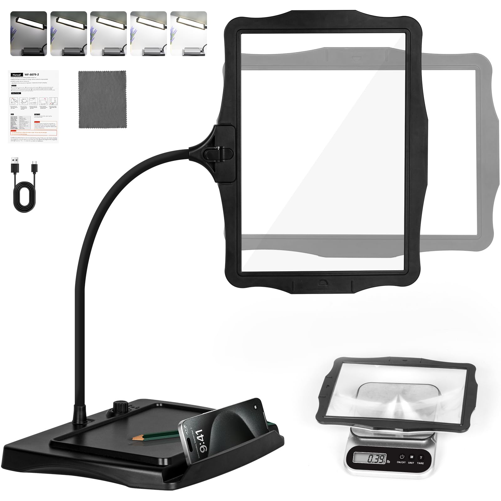 10X Rechargeable Magnifying Glass with Light and Stand, 50 LED Stepless Dimmable, Detachable Gooseneck Magnifying Lamp, Hands-Free Full Page Magnifier for Reading, Crafting, DIY, Close Work - Black