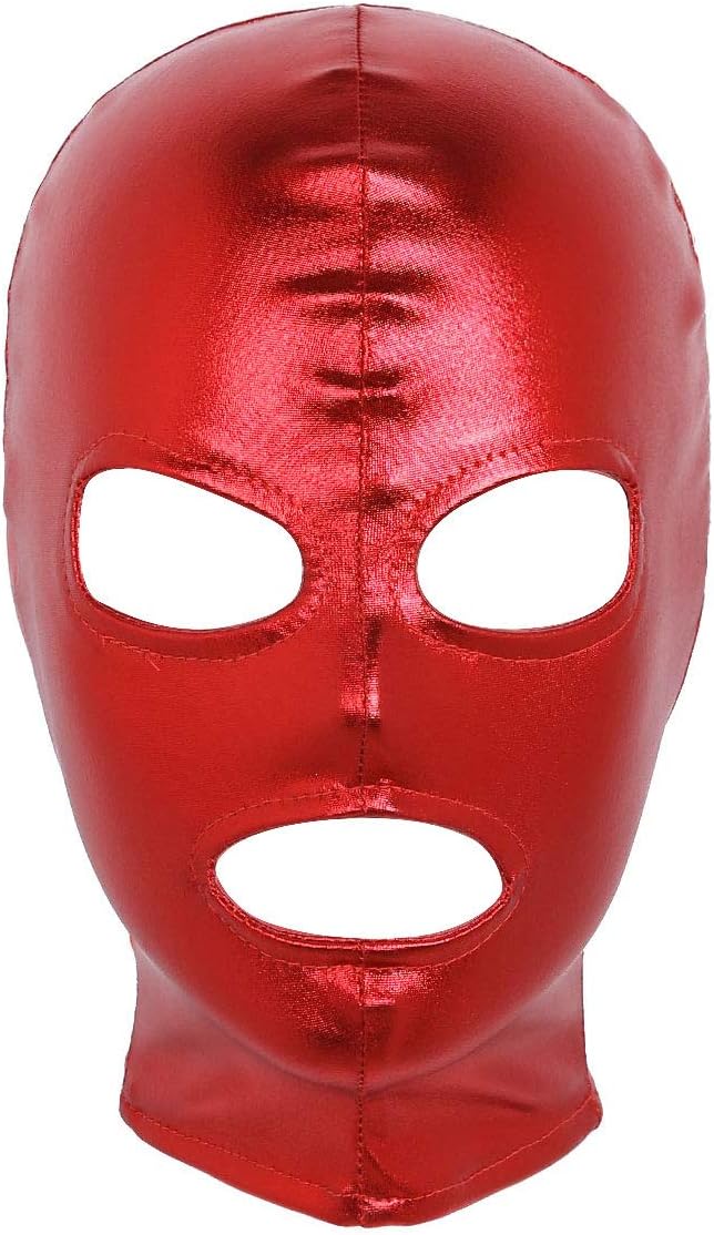 dPois Unisex Latex Shiny Metallic Opened Mouth Show Eyes Face Mask Cosplay Costume Hood Headgear