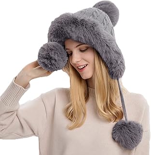 FASHIXD Winter Beanie Hats for Women with Ear Flaps Faux Fur Crochet Skull Cap Warm Outdoor Ski Snow Hats Pompoms