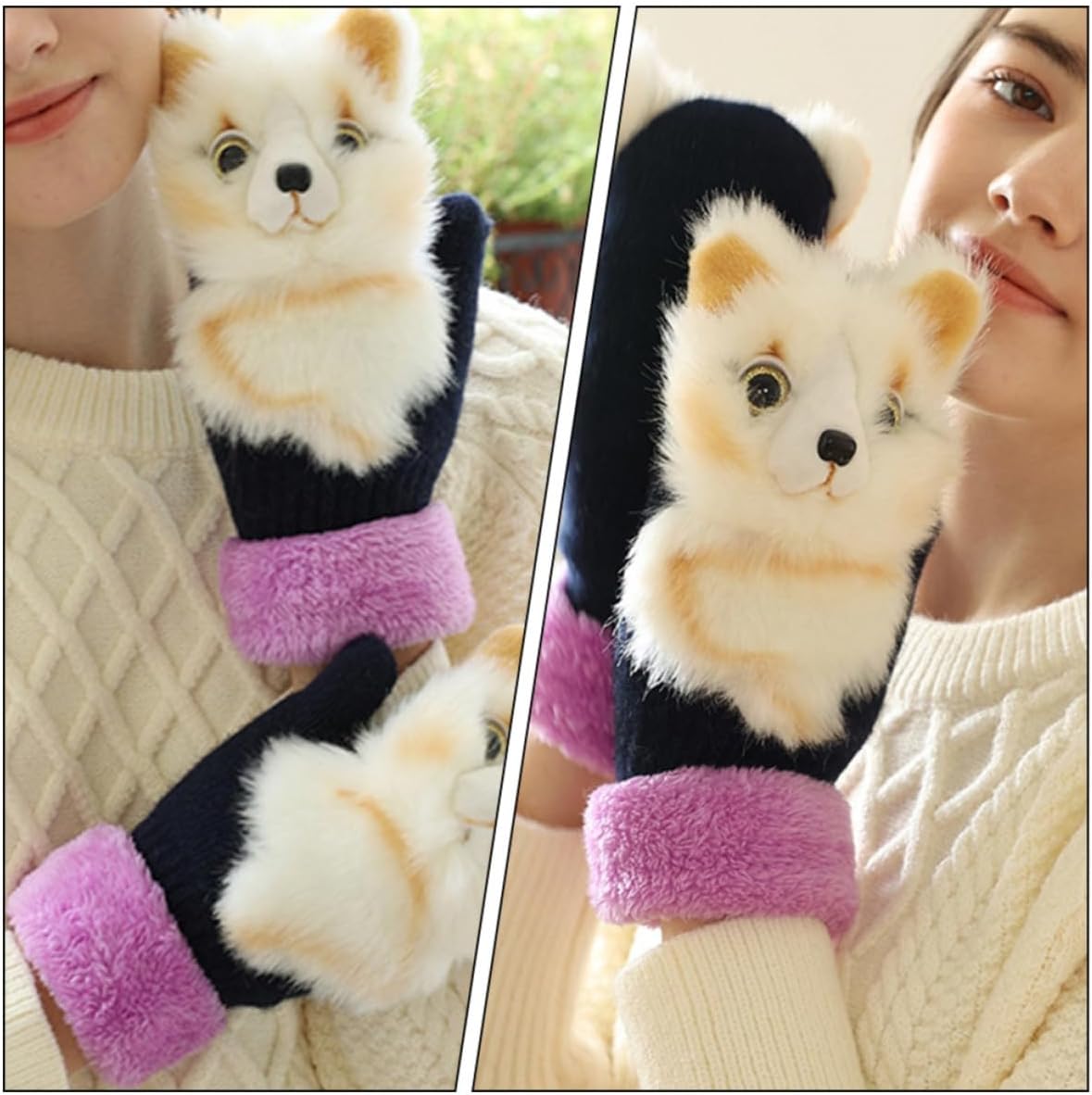 1 Pair Plush Outdoor Gloves Soft Comfortable Winter Warm Mittens with Adorable Animal Design for Travel Use, Creative White Thickened Gloves for Son and Daughter