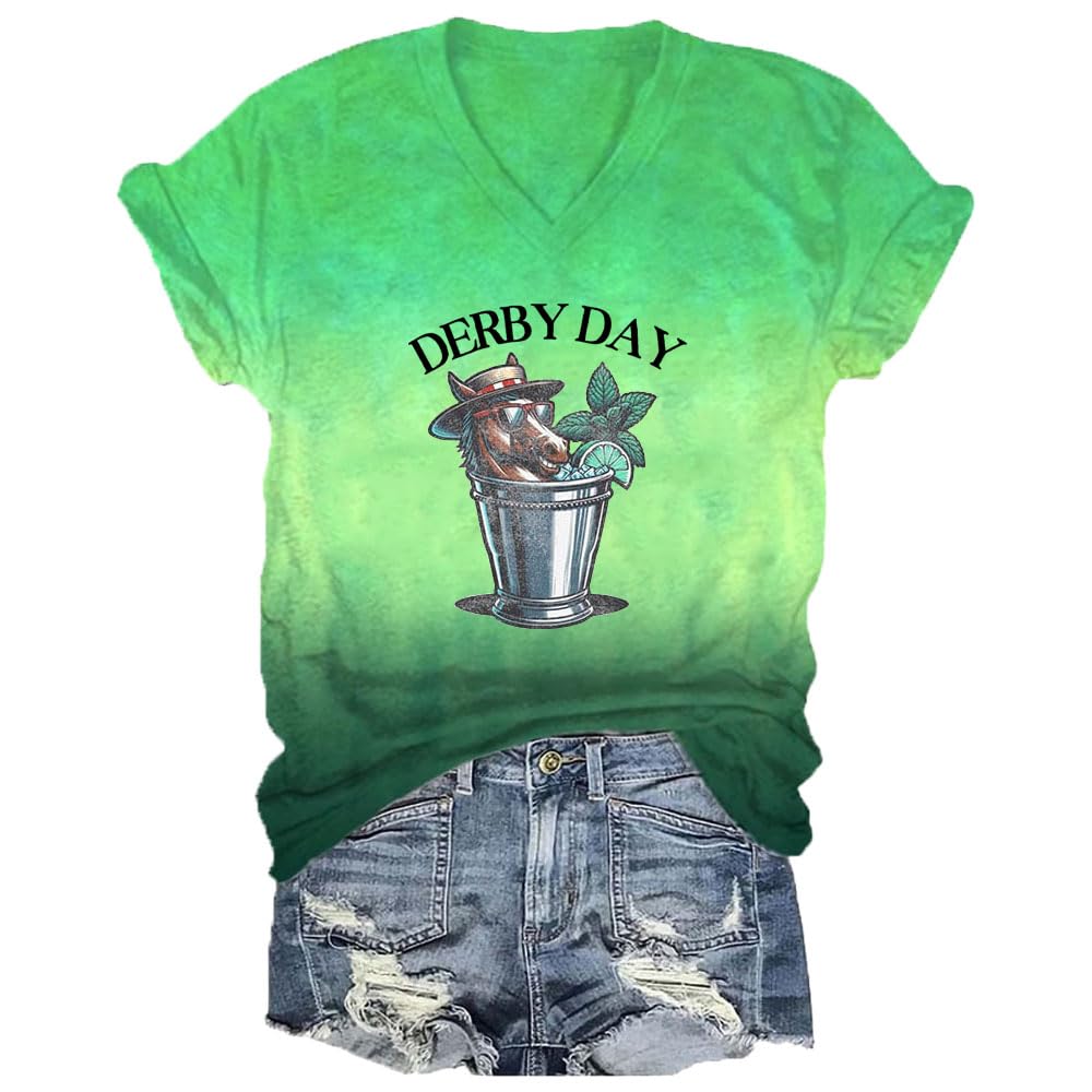 Derby Day Shirts for Women V-Neck, Short Sleeve V-Neck Casual Graphic T-Shirt, Horse Racing Tee