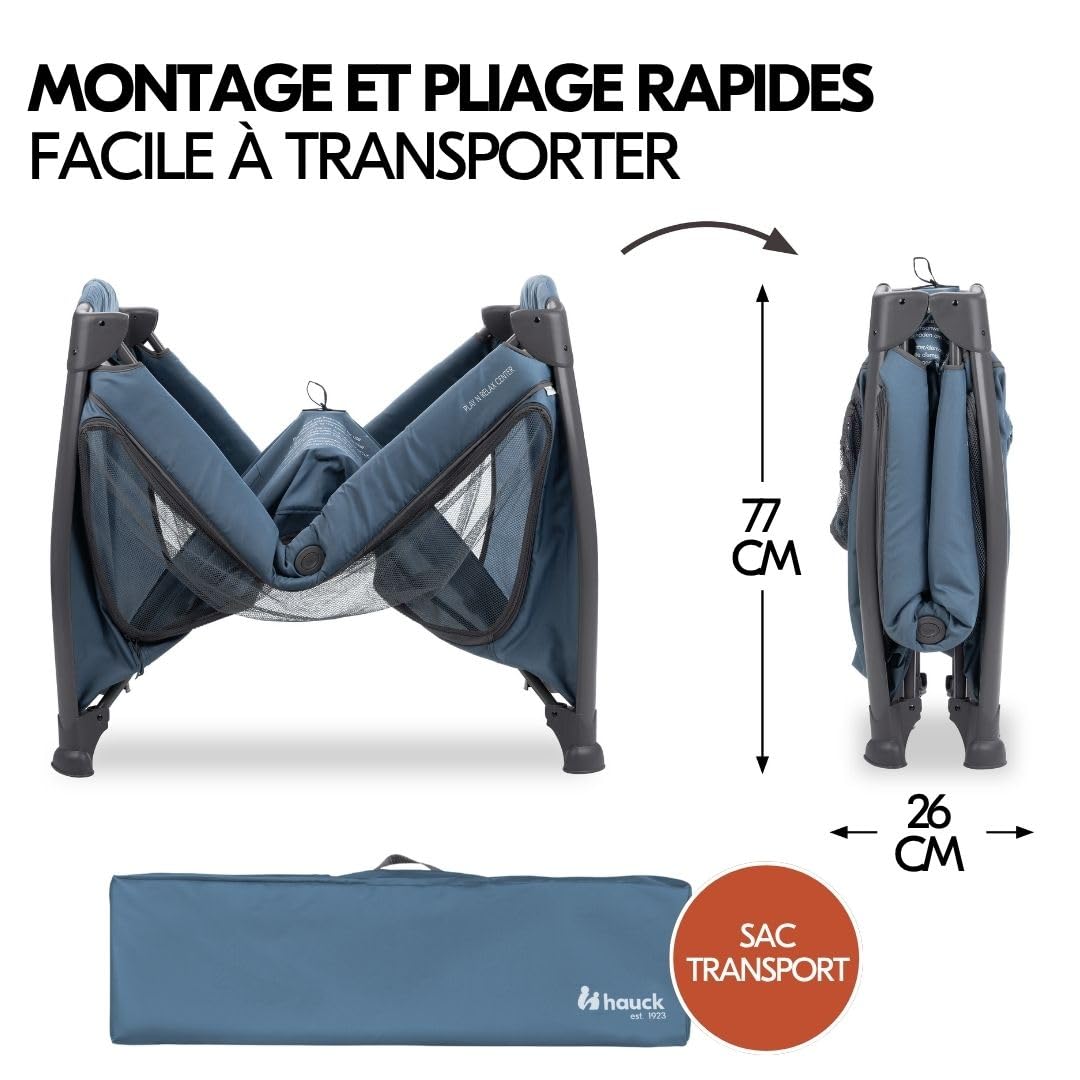 hauck Lit Parapluie Bébé avec Matelas Play N Relax Center - Lit Voyage Bébé Moustiquaire, Niveau Nouveau-Né, Table à Langer, Roues, Sac Transport, Bleu Foncé