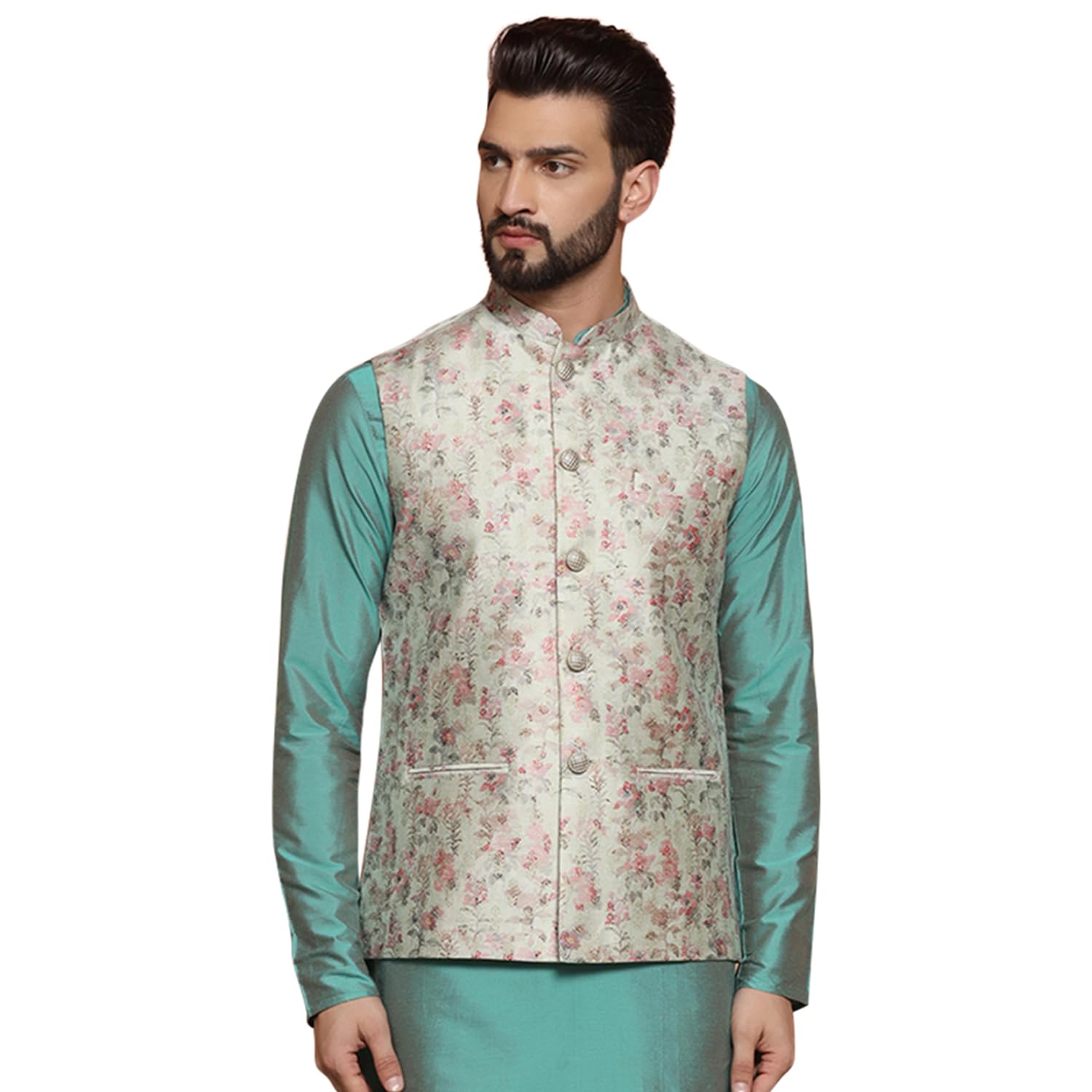 Kisah Men's Ethnic Wear Regular Fit Printed Silk Blend Multi-White Nehru Jacket (M)