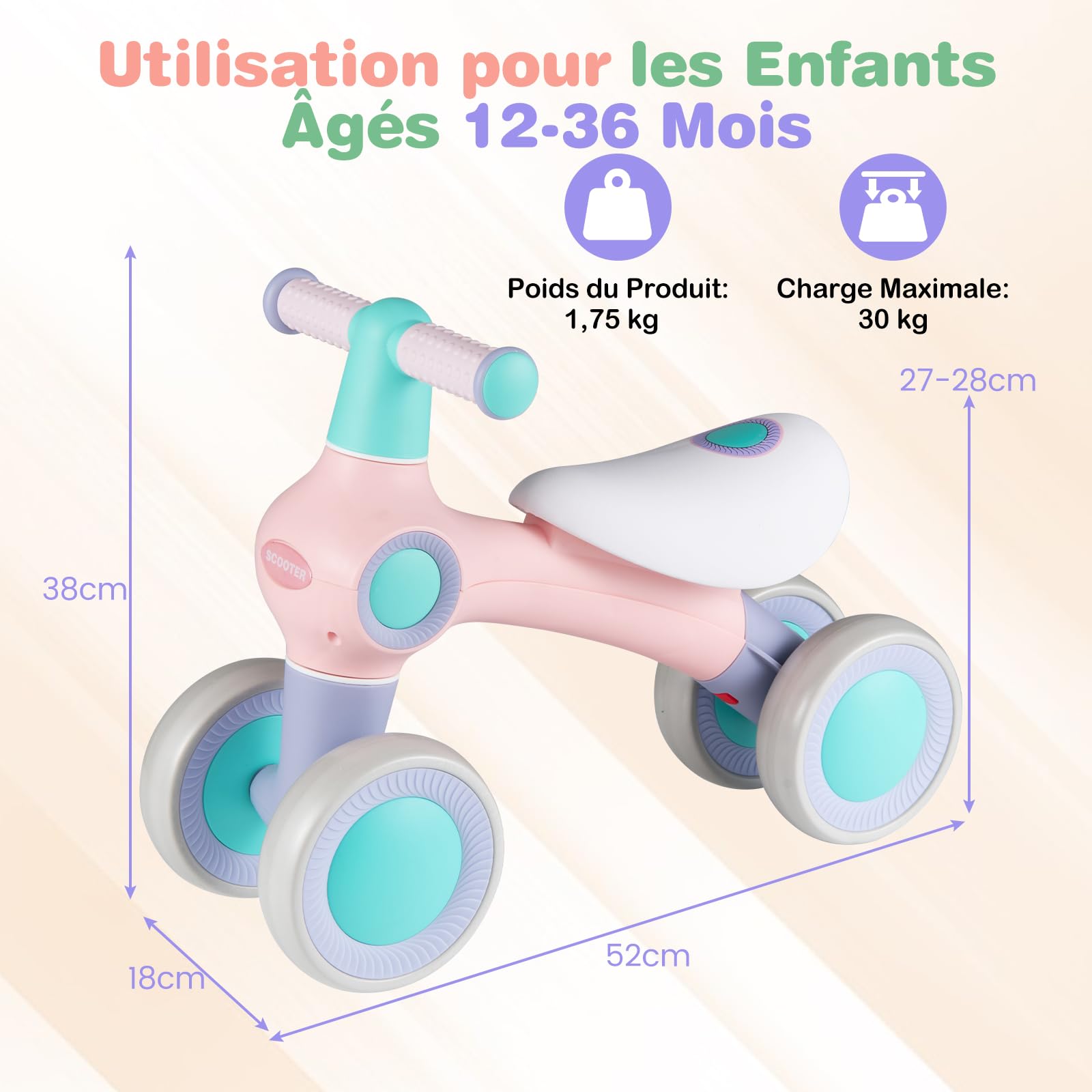 COSTWAY Draisienne Bébé 1 an, Vélo Bébé sans Pédales de 12-36 Mois avec 4 Roues en EVA, Siège Réglable et Guidon, Charge 30 kg, Vélo d'Équilibre pour Garçons Filles, Cadeau Anniversaire Noel