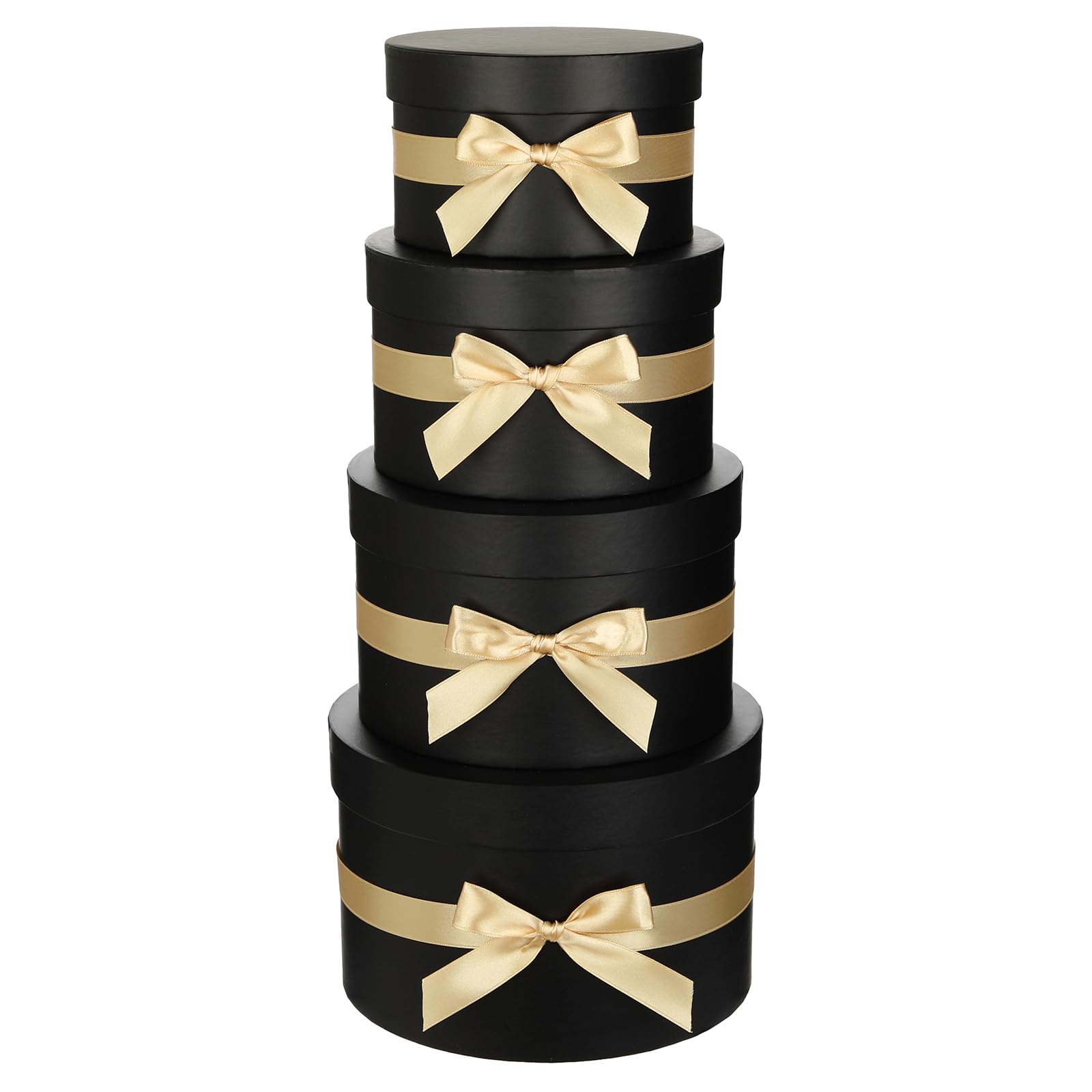 Arborus Black Gift Boxes with Lids and Champagne Silk Ribbon Set of 4 Round Gift Boxes for Presents Luxury Hat Box with Bow Paper Flower Box for Wedding Birthday Valentines Bridesmaid Christmas Party