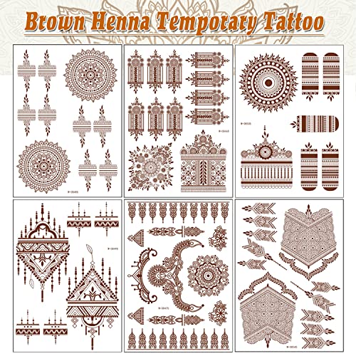Brown Henna Temporary Tattoos For Women Girls Lace Fake Tattoo Stickers Mystery Sexy Mandala Flower Body Art Design Waterproof Henna Sticker Diy Body Face Arms Legs Party Supplies Favors 6 Sheets #TOP1