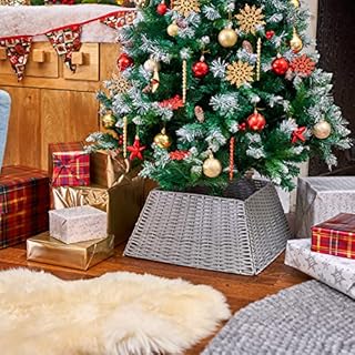SA Products Christmas Tree Skirt - Square Plastic Rattan Collar, Tree Stand Cover - Wicker Xmas Storage Tidy, Holiday Decorations & Accessories - Foldable & Easy to Store - 48x48x25cm - Grey
