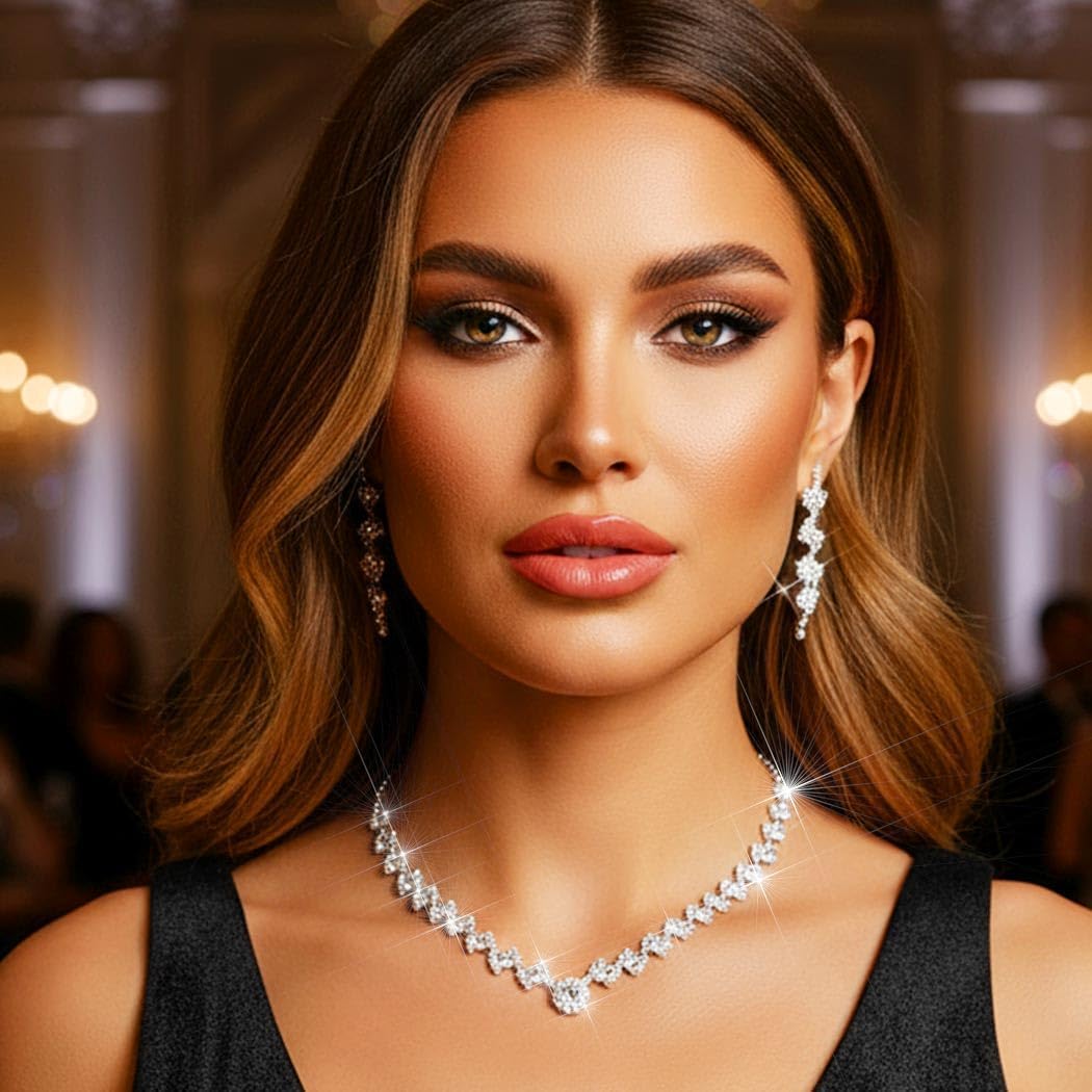 Aukmla Rhinestone Bridal Wedding Jewelry Set Sparly Crystal Bride Necklace Earring Sets Prom Jewelry for Women - Image 6