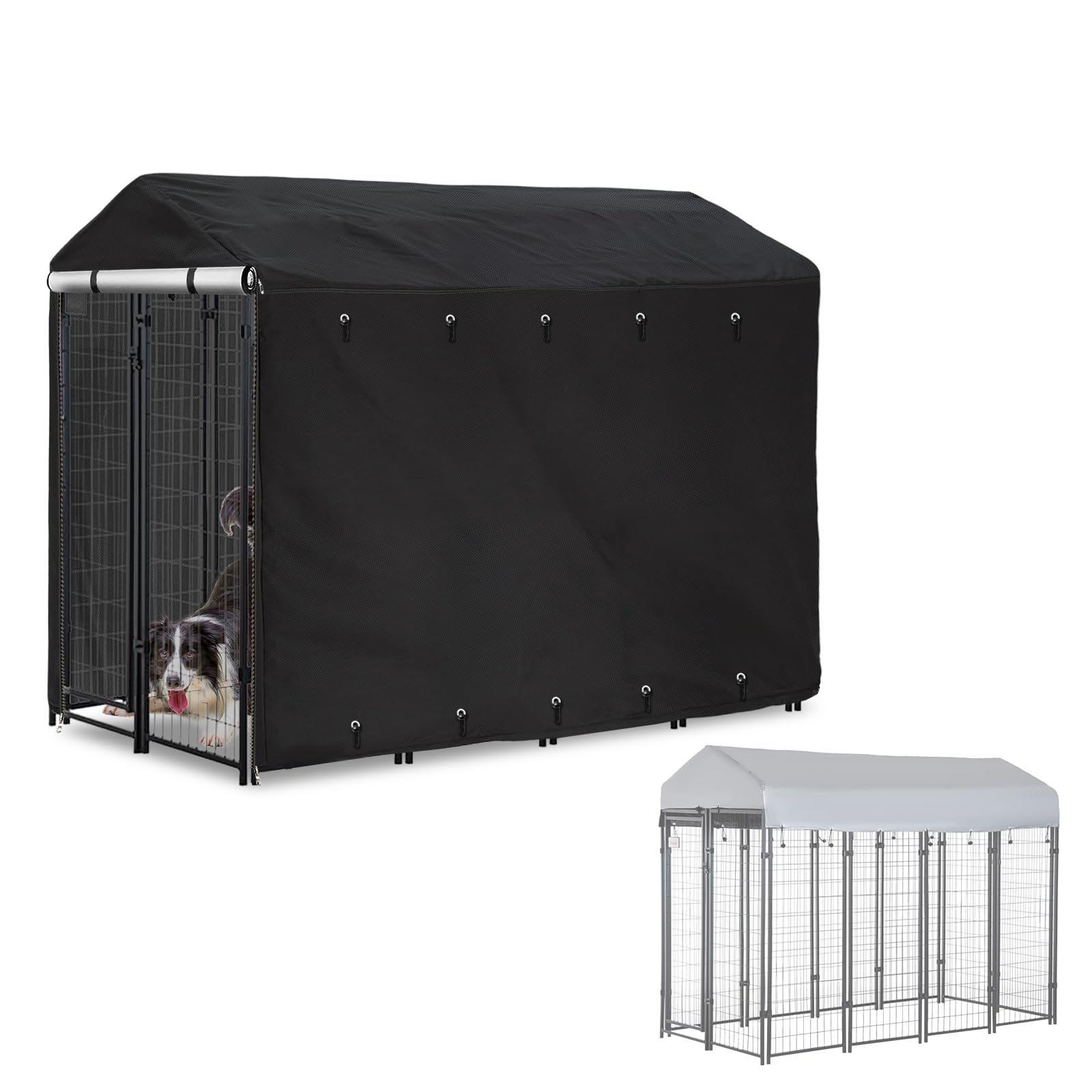 Classic Black Outdoor Dog Kennel Cover 8'Dx4'Wx6'H Full Coverage Windproof Anti-UV.Waterproof Dog Kennel Cover for Multiple Brands of Dog Kennels,Cover Only,Classic Black.(Patent Pending)