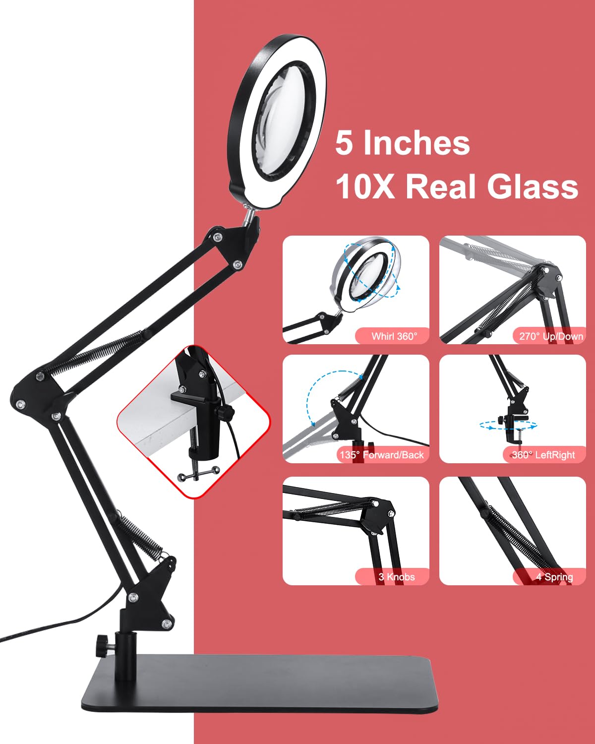 Lupe mit Licht und Ständer, 10X LED Lupenleuchte mit Klemme, LED Lupenlampe mit 3 Farbmodi Dimmbare, Lampe mit Lupe für handwerkliche Reparaturen Nahaufnahmen, Tischlupe mit Beleuchtung