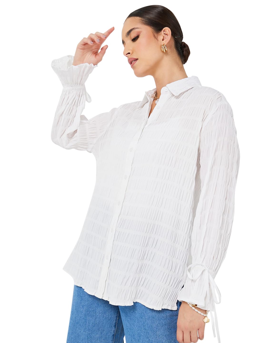 styli Women Oversized Long Length Textured Shirt | Stylish Casual Shirt for Women | Comfortable Tops | Perfect for Office, Travel & Daily Outfits-picture-30