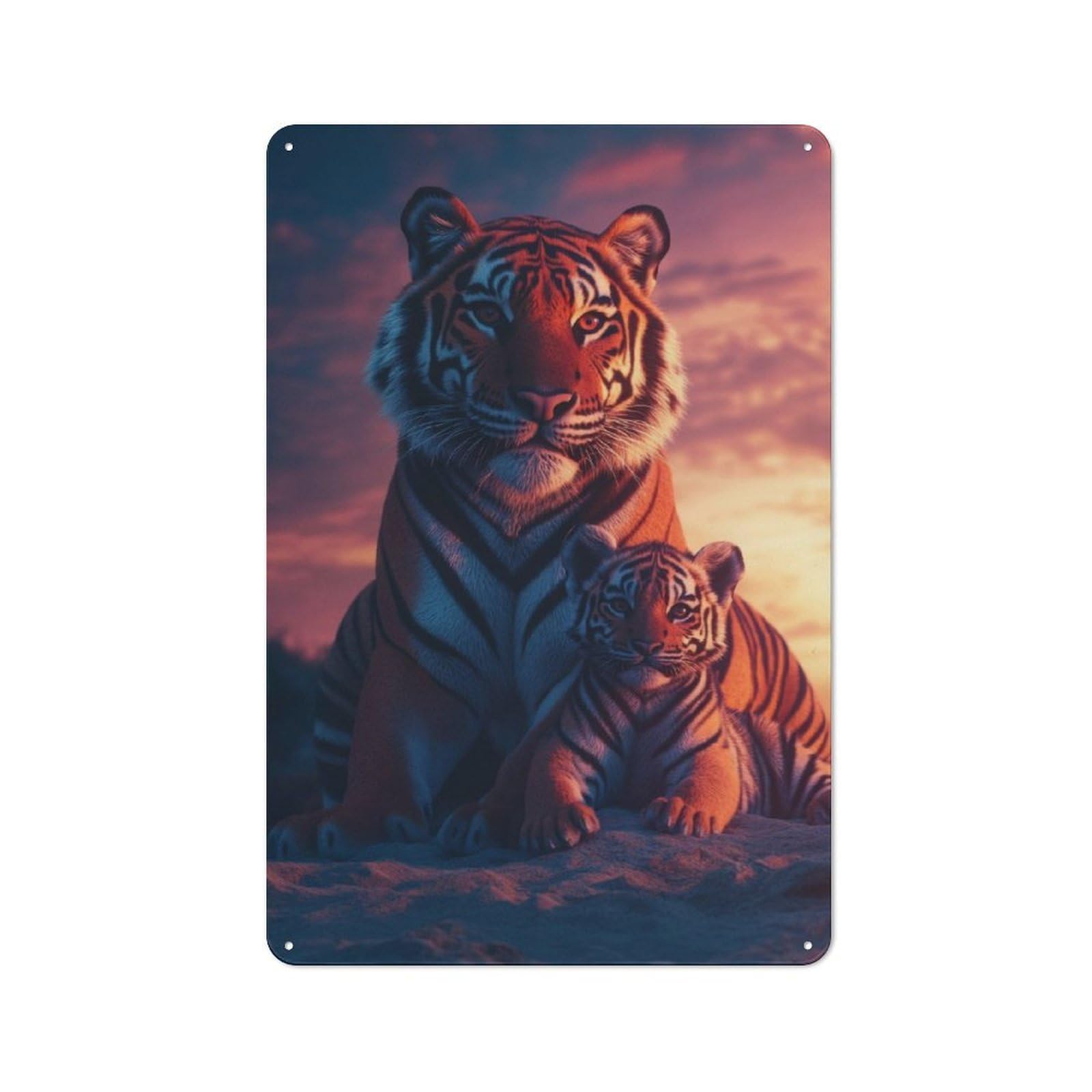 Character Decorative Tin Plaque 30x20cm Featuring Tiger Family Sunset, Home Wall Decor for Flat, Dorm Room, Lounge Or Cafe