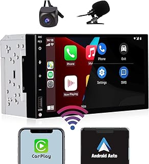 Car Stereo Compatible with Wireless Carplay & Android Auto, Double Din 7 inch IPS Touchscreen Car Radio Receiver with Rear View Camera, AM/FM Radio, Phone Mirror-Link, Bluetooth, USB