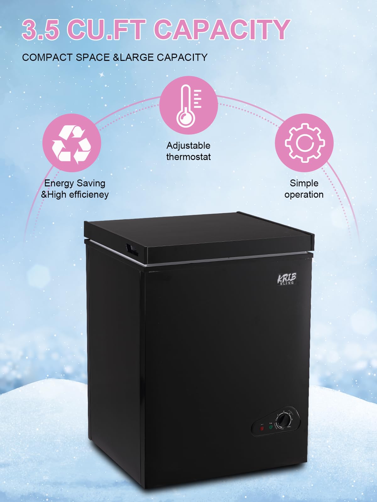 Krib Bling Chest Freezer Adjustable Thermostat With Removable Storage Basket For House Kitchen Garage Basement 3.5 Cu.Ft Black on Fridge.com - View 2