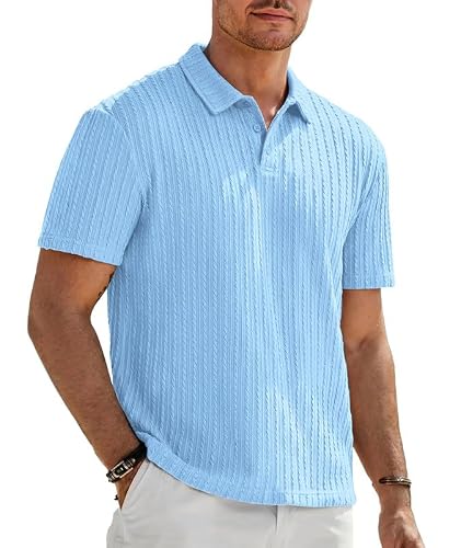 Image of Elainone Mens Polo Shirts Short Sleeve Ribbed Stretch Casual Blue
