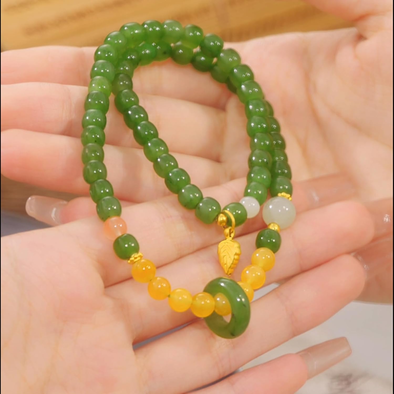 ZHOU LIU FU Healing Jade Beaded Bracelets 24K Solid Gold Bracelet Real Gold Bead Leaf Charm Hetian Green Jade Nephrite Agate Double Stretch Bracelet for Women Mom Daughter 13.78"/35cm Y1913773