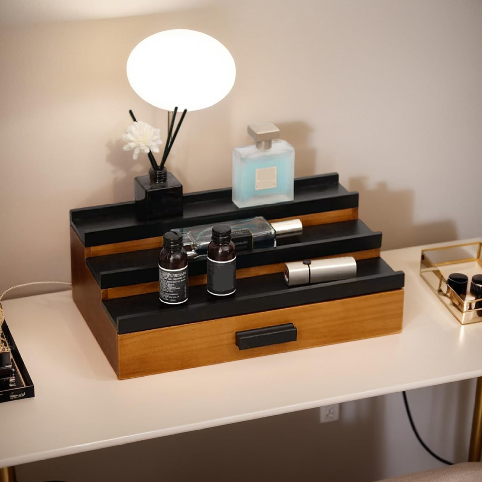 Organizador de perfumes, soporte de madera para colonia de 13x8x4 pulgadas con cajón, soporte de exhibición de perfume de 3 niveles con asa, estante retro de colonia para el hogar, tienda, organizado