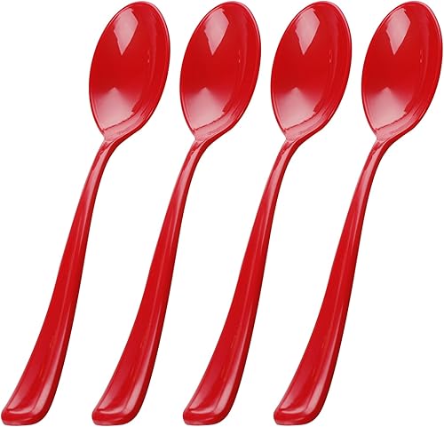 WDF Paquete de 100 cucharas de plástico rojas  Cucharas rojas de 6.9 pulgadas, cucharas desechables de plástico resistentes, modernas cucharas