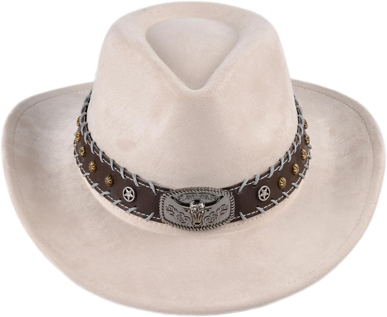 Cowboy Hat for Women and Men, Mens Western Cowboy Hats with Bull Head Womens Retro Vintage Jazz Hat Solid Color Cowgirl Hats (US, Alpha, Medium, Beige 1)