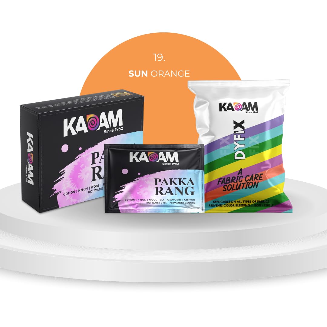 Kadam Pakka Rang Fabric Dye for Clothes Permanent, Cloth Dye Powder, Fabric Dye Clothes, Dye for Faded Jeans, 10 sachets of Shade 19 Sun Orange Colour with 5 sachets of DyFix Colour Fixer