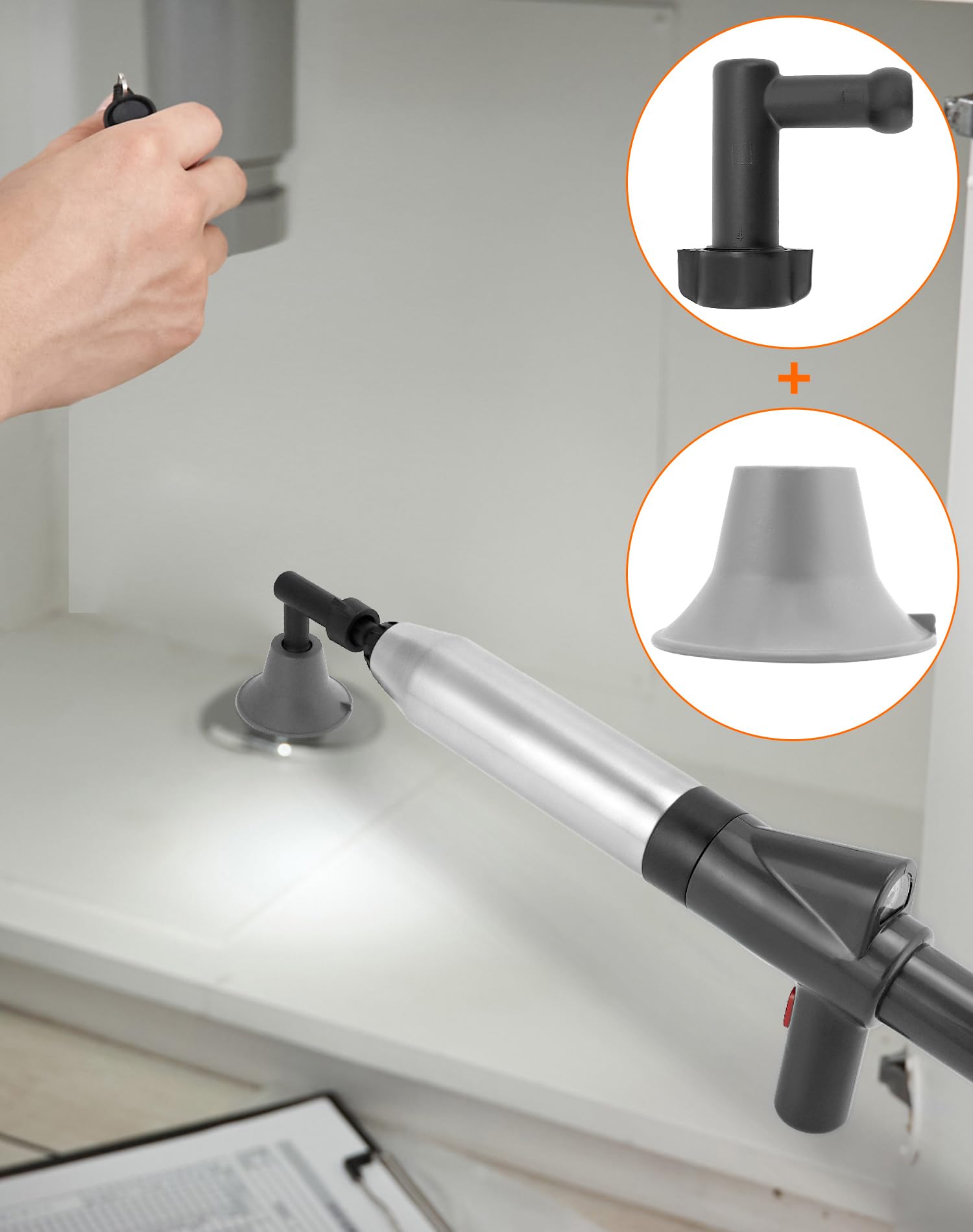 QWORK® Zestaw tłoka toaletowego, tłok wysokociśnieniowy do udrażniania z manometrem ciśnieniowym do udrażniania toalety/zlewu/odpływu podłogowego/zatkanej rury, zawiera 4 wymienne głowice, czarny