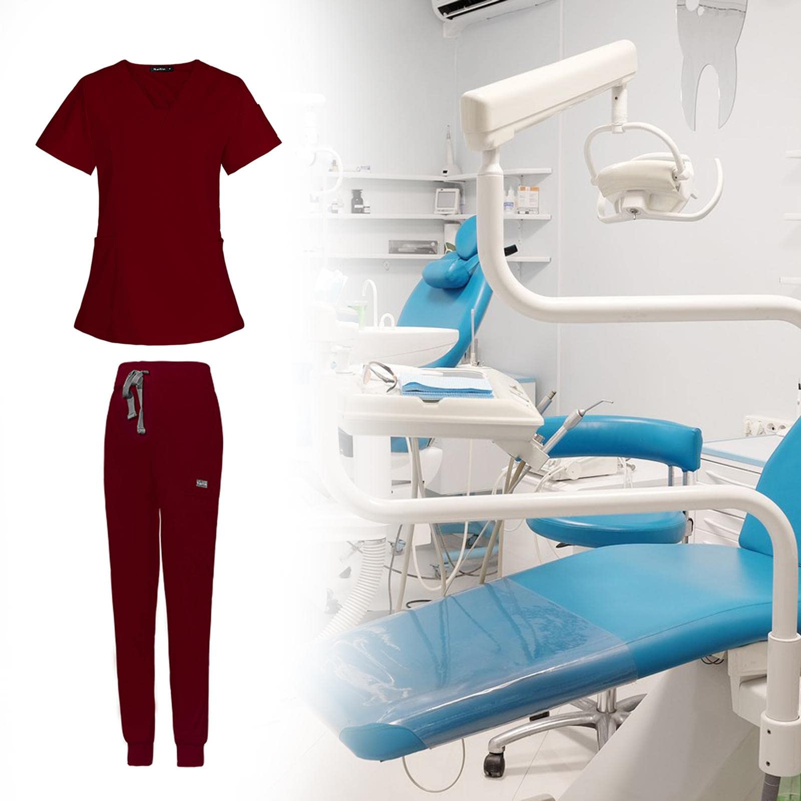 Top Mujeres Conjunto de Uniforme de Enfermería con Pantalón Jogger y Bolsillos Masajeadores Material Suave de Poliéster Lavable Adecuado para Trabajo, Rojo, l