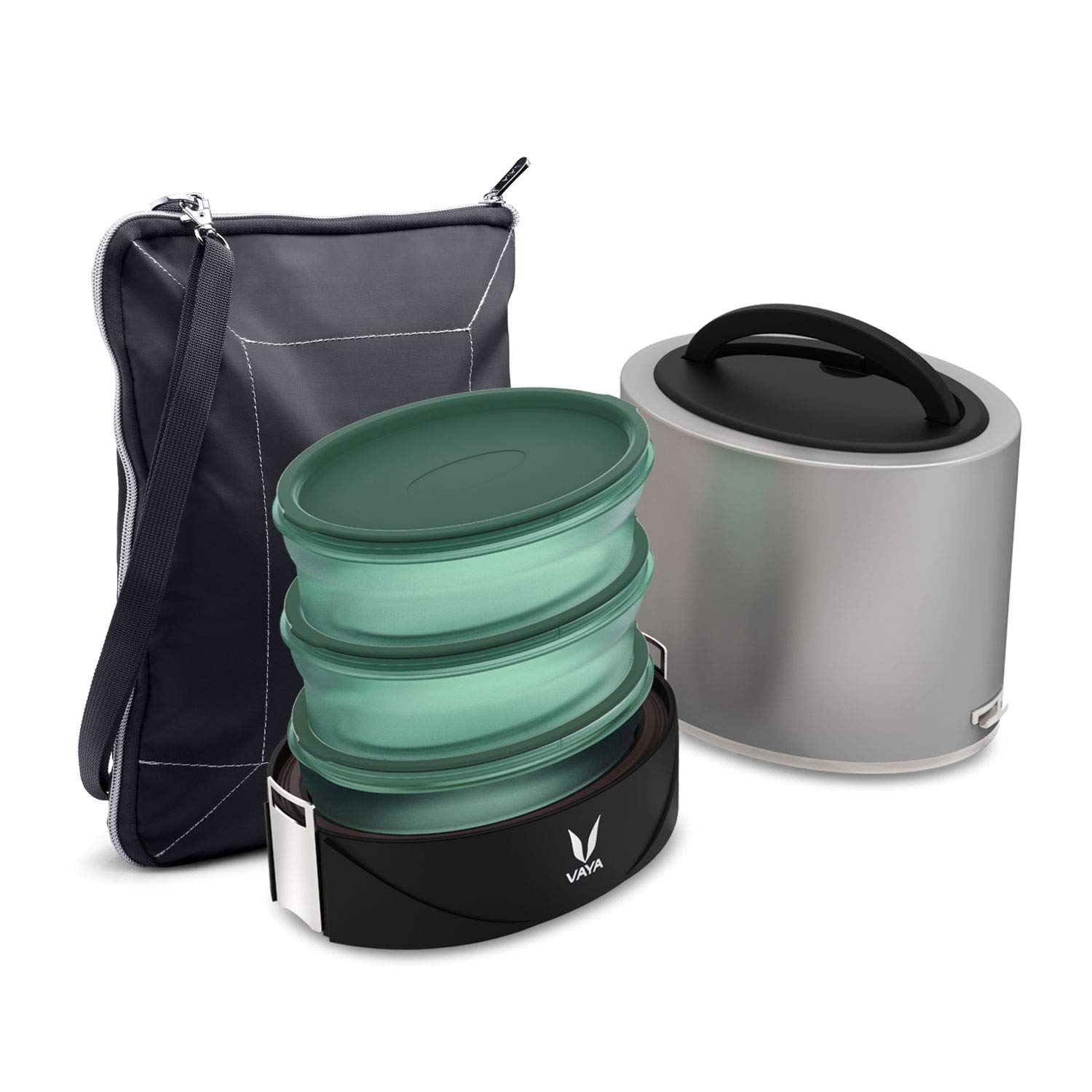 VAYA Tyffyn Flex Lunch Box for Office for Adults,1000ml with 3 Tritan Plastic Microwave Safe Containers, Stainless Steel Tiffin Box for Office with BagMat,Leakproof BPA-Free Insulated Lunch Box,Silver (B08MQZ4RT6) Amazon Price History, Amazon Price Tracker