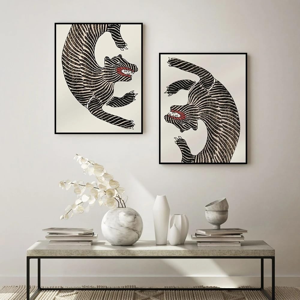 Póster de arte mural japonés vintage sobre lienzo con estampado de animales, pintura decorativa para sala de estar, decoración moderna para el hogar (40x60cmx2/marco interno)