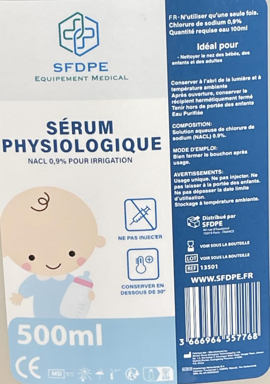 NaCl 0,9% 500ml, soluzione fisiologica isotonica per la pulizia del naso del bambino, soluzione salina per la pulizia delle ferite, soluzione per naso e occhi SFDPE.