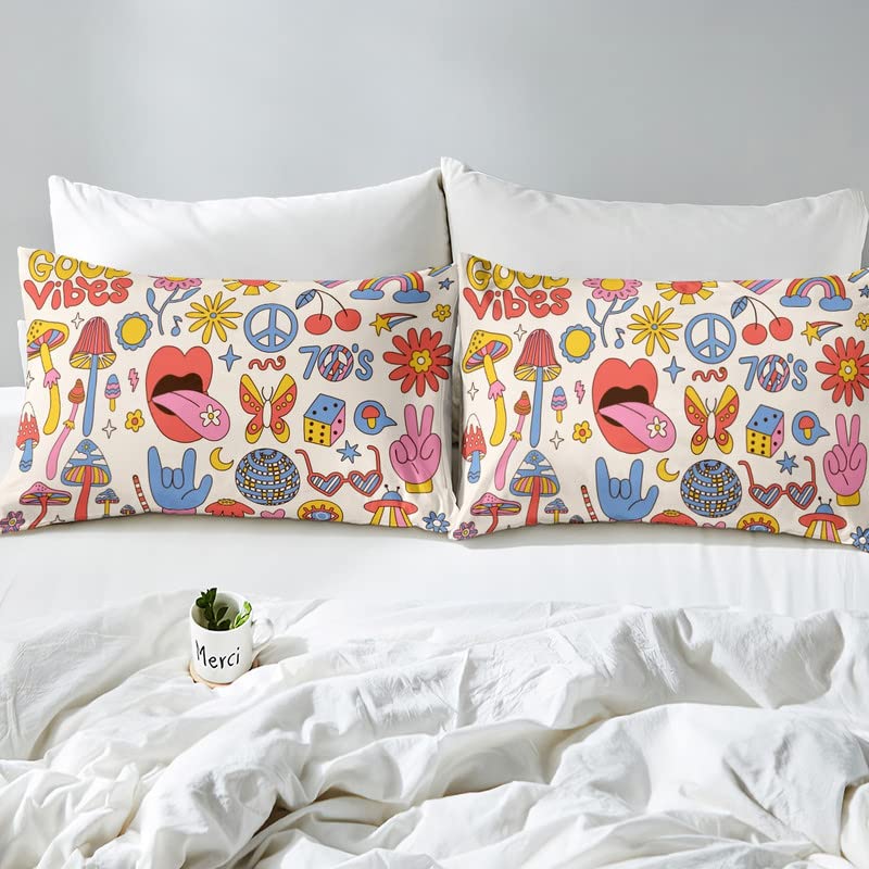 Eenpersoons 60S 70S Groovy Beddengoedset Kinderen Retro Hippie Bloem Comforter Overtrekset voor Jongens Tieners Vintage Boho Plant Bloemig Dekbedovertrek Botanische Bloesem Kleurrijk Sprei Overtrek 2